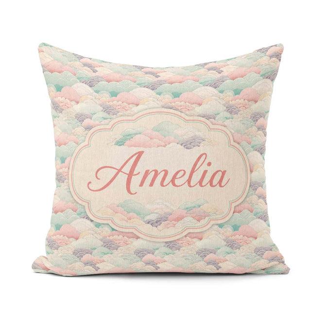 Custom Name Soft Pastel Cloud Waves Japanese Style Seamless Name Square Filled Cushion Throw Pillow Sofa Bed Home Decor Zip Washable UK Made