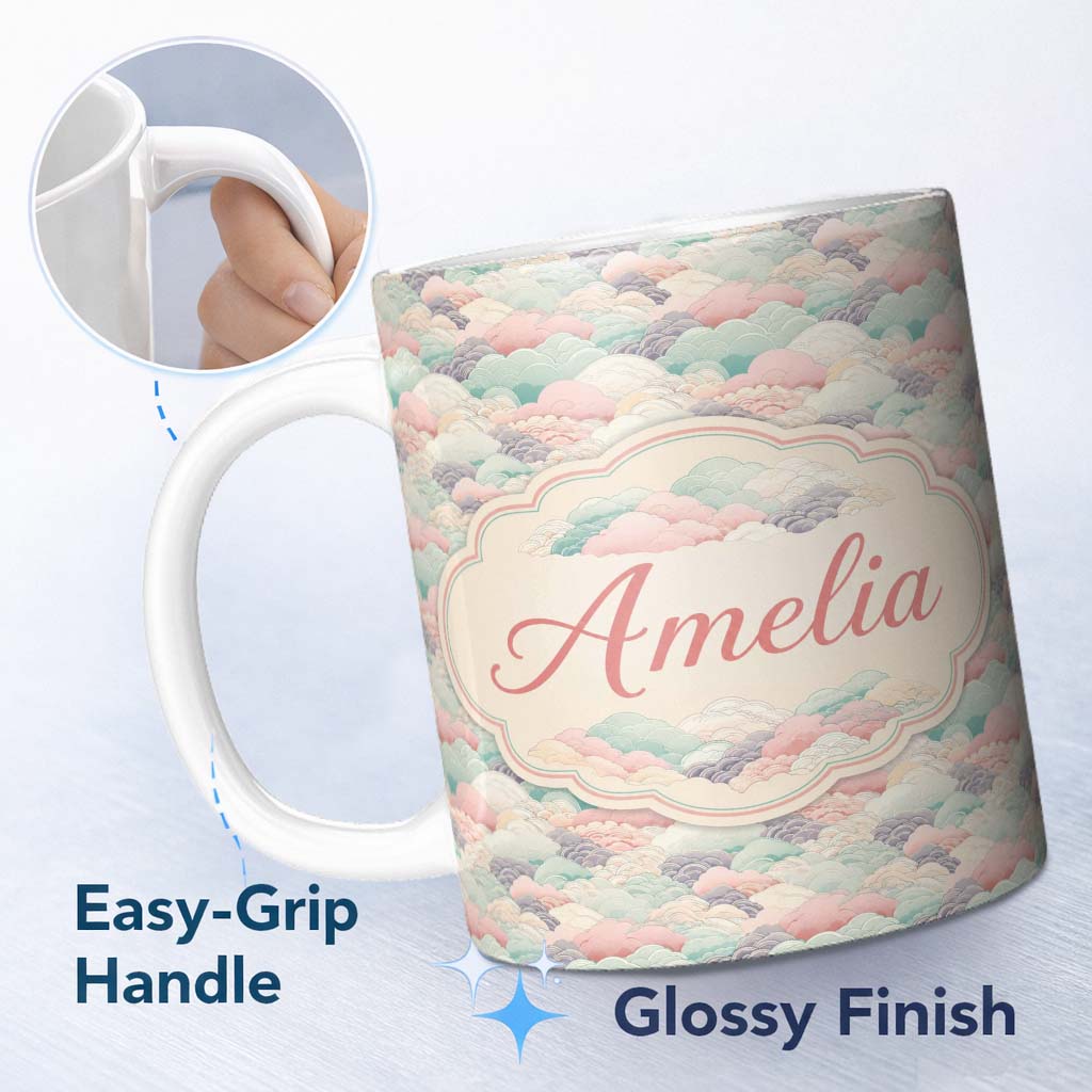 Personalized Custom Name Soft Pastel Cloud Waves Japanese Style Seamless Pattern Name Cute 11oz Ceramic Coffee Tea Mug White Large Handle