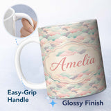 Personalized Custom Name Soft Pastel Cloud Waves Japanese Style Seamless Pattern Name Cute 11oz Ceramic Coffee Tea Mug White Large Handle
