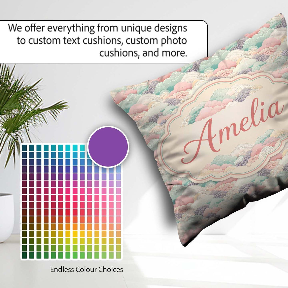 Custom Name Soft Pastel Cloud Waves Japanese Style Seamless Name Square Filled Cushion Throw Pillow Sofa Bed Home Decor Zip Washable UK Made