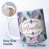 Personalized Custom Name Pastel Multicolour Tropical Leaves Seamless Pattern Cute Unique Gift 11oz Ceramic Coffee Tea Mug White Large Handle