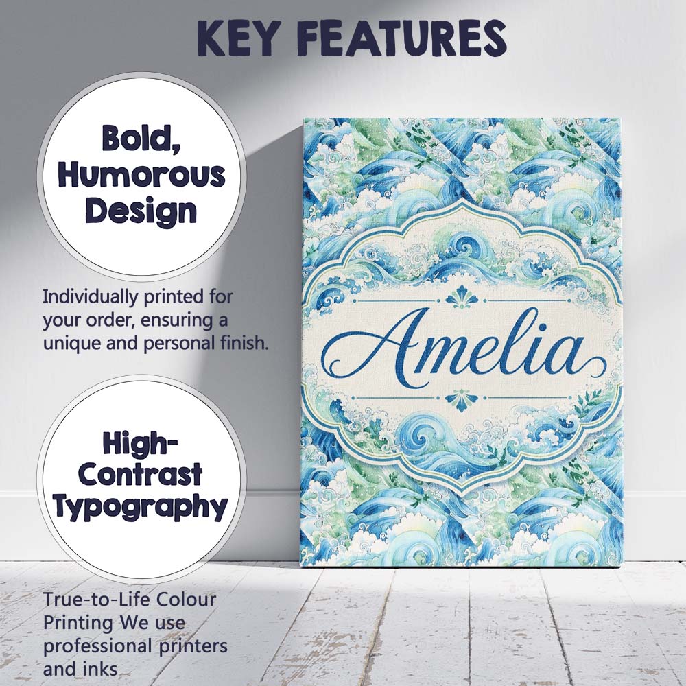 Personalised Name Blue Ocean Waves Artistic Custom  Bespoke Interior Contemporary Canvas Wall Art Print Decor Picture Ready to Hang
