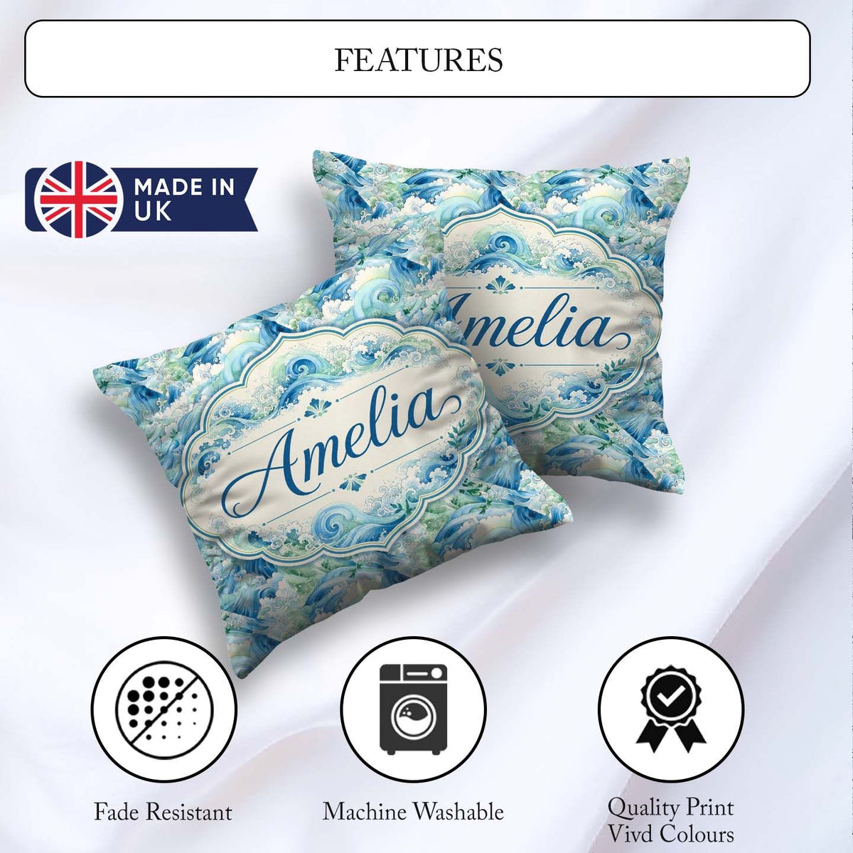 Custom Name Blue Ocean Waves Artistic Seamless Pattern Name Cute Square Filled Cushion Throw Pillow Sofa Bed Home Decor Zip Washable UK Made