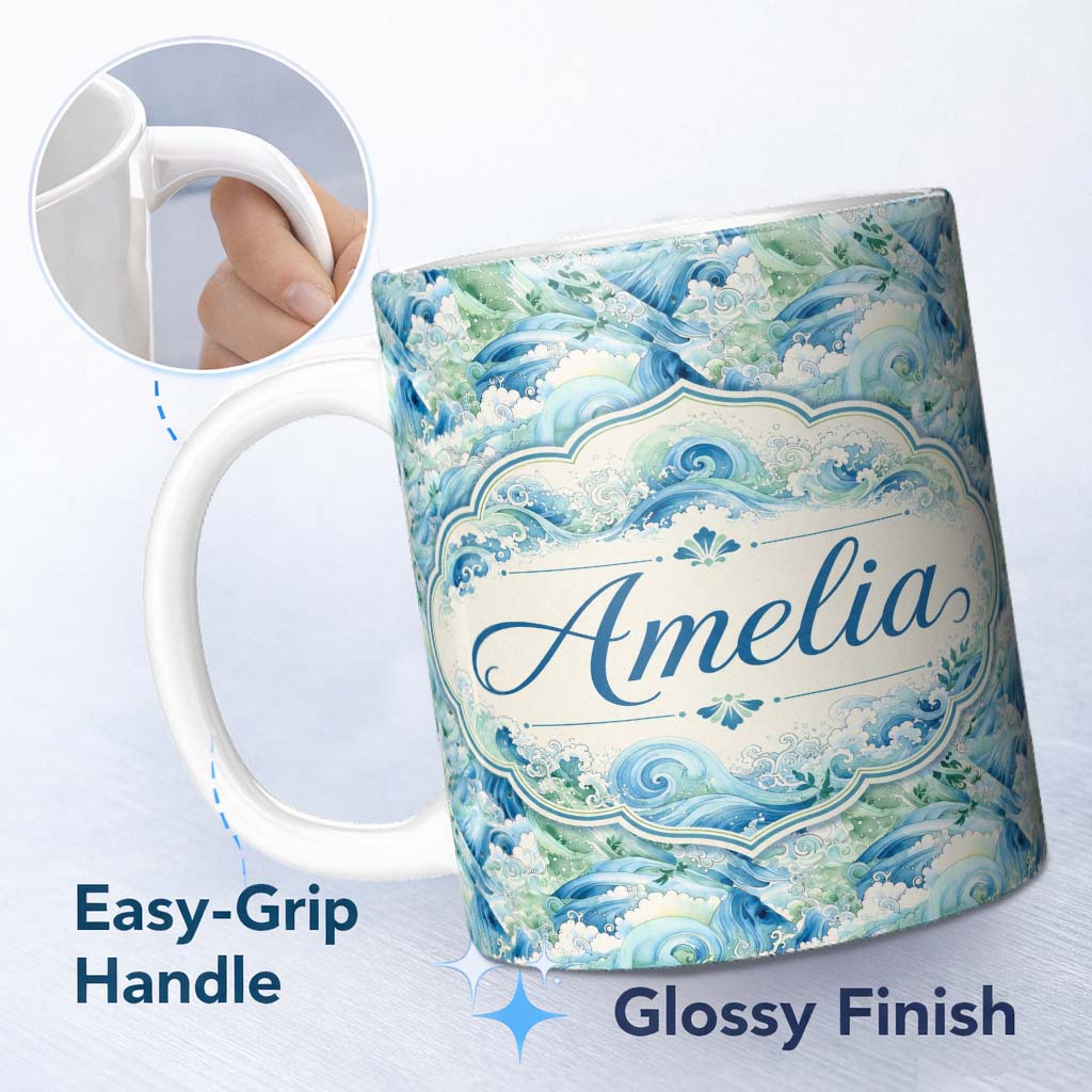 Personalized Custom Name Blue Ocean Waves Artistic Water Seamless Pattern Name Cute Unique 11oz Ceramic Coffee Tea Mug White Large Handle