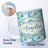 Personalized Custom Name Blue Ocean Waves Artistic Water Seamless Pattern Name Cute Unique 11oz Ceramic Coffee Tea Mug White Large Handle