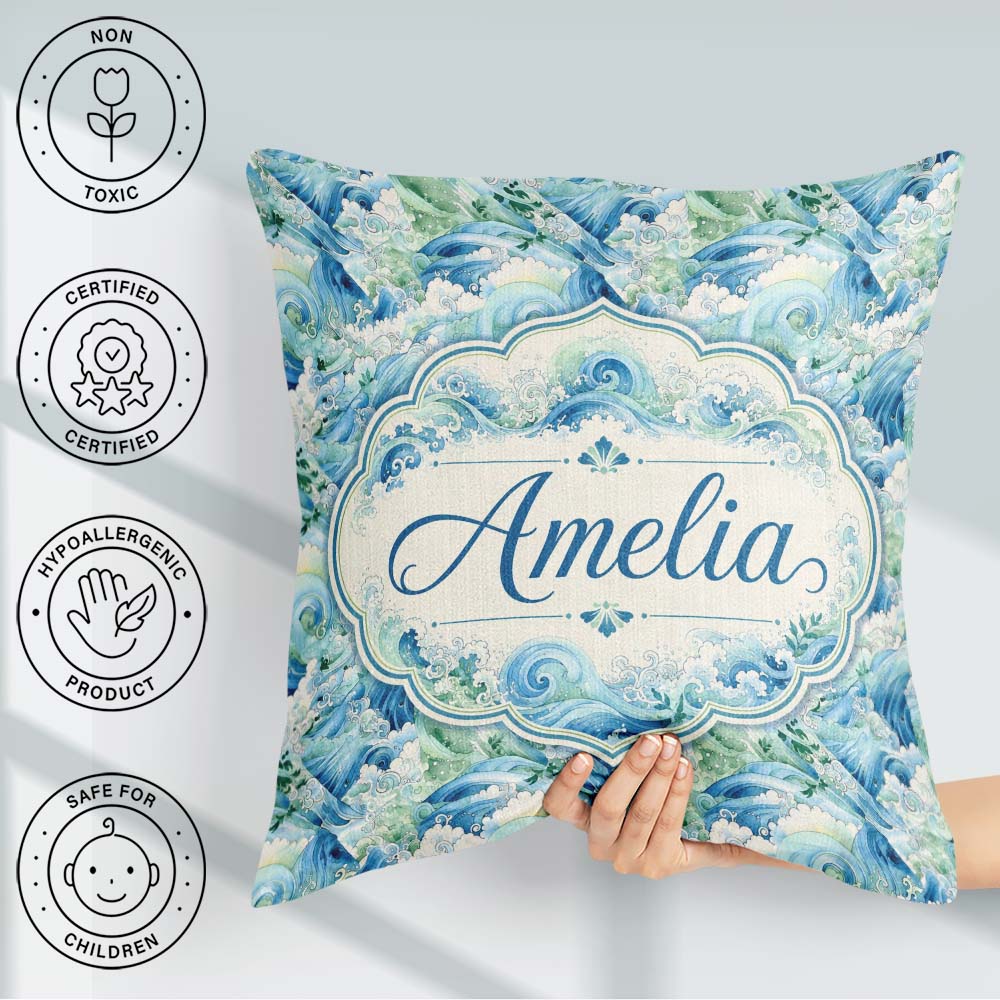 Custom Name Blue Ocean Waves Artistic Seamless Pattern Name Cute Square Filled Cushion Throw Pillow Sofa Bed Home Decor Zip Washable UK Made