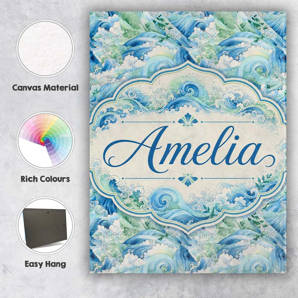 Personalised Name Blue Ocean Waves Artistic Custom  Bespoke Interior Contemporary Canvas Wall Art Print Decor Picture Ready to Hang