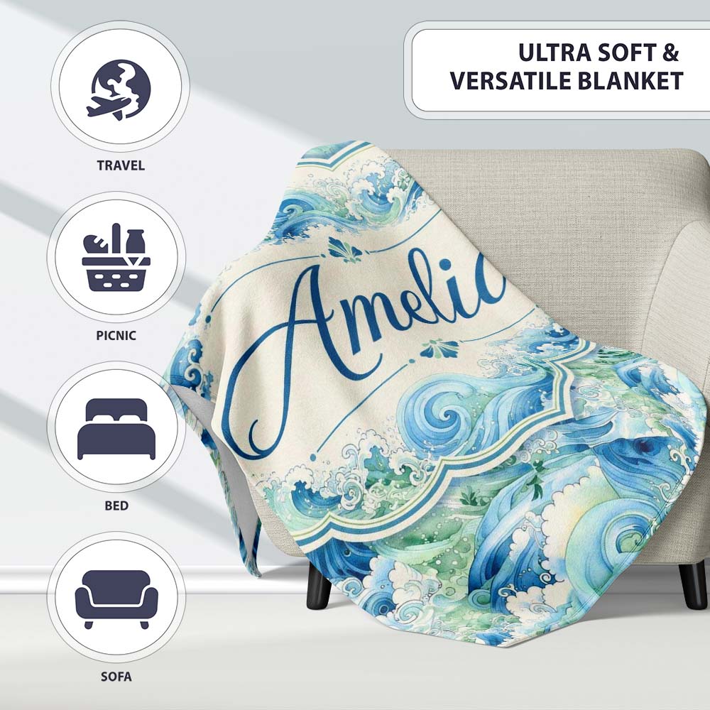 Blue Ocean Waves Artistic Water Seamless Pattern Name Cute Unique  Personalised Custom Name Super Soft Fleece Blanket Bed Sofa Throw