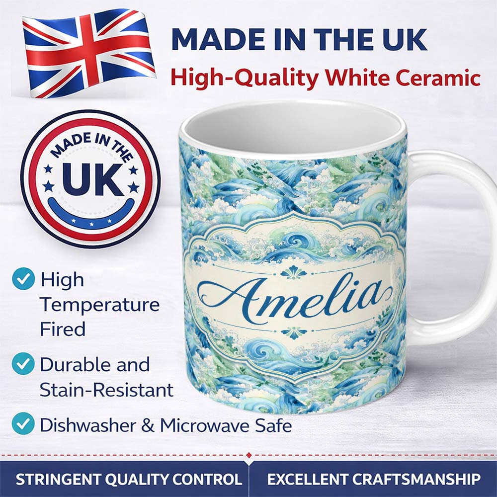 Personalized Custom Name Blue Ocean Waves Artistic Water Seamless Pattern Name Cute Unique 11oz Ceramic Coffee Tea Mug White Large Handle