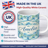 Personalized Custom Name Blue Ocean Waves Artistic Water Seamless Pattern Name Cute Unique 11oz Ceramic Coffee Tea Mug White Large Handle