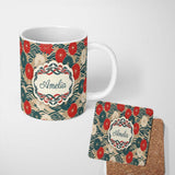 Personalized Custom Name Vintage Floral Japanese Blossom Pattern Seamless Name Cute Unique 11oz Ceramic Coffee Tea Mug White Large Handle