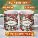 Personalized Custom Name Vintage Floral Japanese Blossom Pattern Seamless Name Cute Unique 11oz Ceramic Coffee Tea Mug White Large Handle