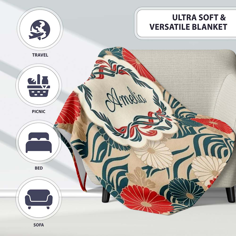 Vintage Floral Japanese Blossom Pattern Seamless Name Cute Unique  Personalised Custom Name Super Soft Fleece Blanket Bed Sofa Throw