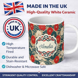 Personalized Custom Name Vintage Floral Japanese Blossom Pattern Seamless Name Cute Unique 11oz Ceramic Coffee Tea Mug White Large Handle