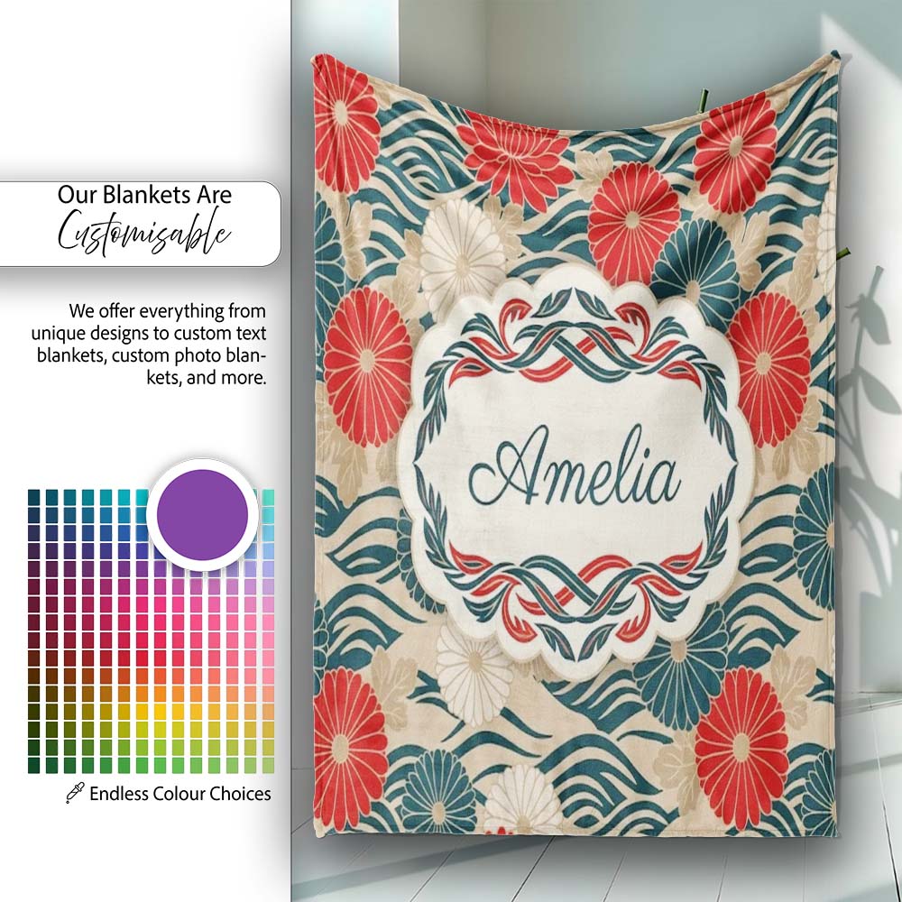 Vintage Floral Japanese Blossom Pattern Seamless Name Cute Unique  Personalised Custom Name Super Soft Fleece Blanket Bed Sofa Throw