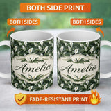 Personalized Custom Name Realistic Peace Lily Leaves Botanical Seamless Pattern Name Cute 11oz Ceramic Coffee Tea Mug White Large Handle