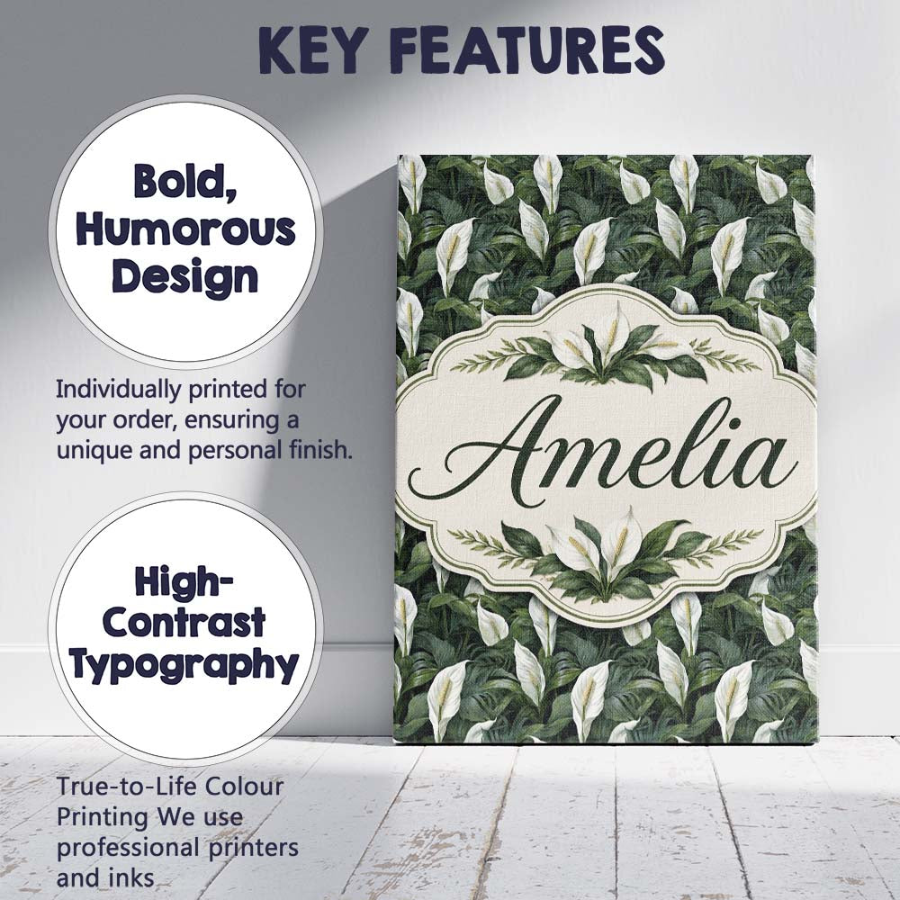 Personalised Name Realistic Peace Lily Custom  Modern Room Accent Elegant Feature Canvas Wall Art Print Decor Picture Ready to Hang