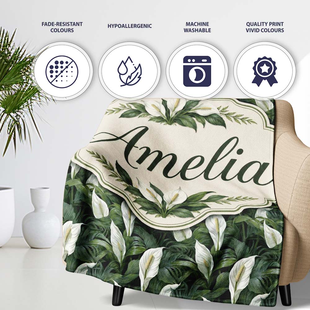 Realistic Peace Lily Leaves Botanical Seamless Pattern Name Cute  Personalised Custom Name Super Soft Fleece Blanket Bed Sofa Throw
