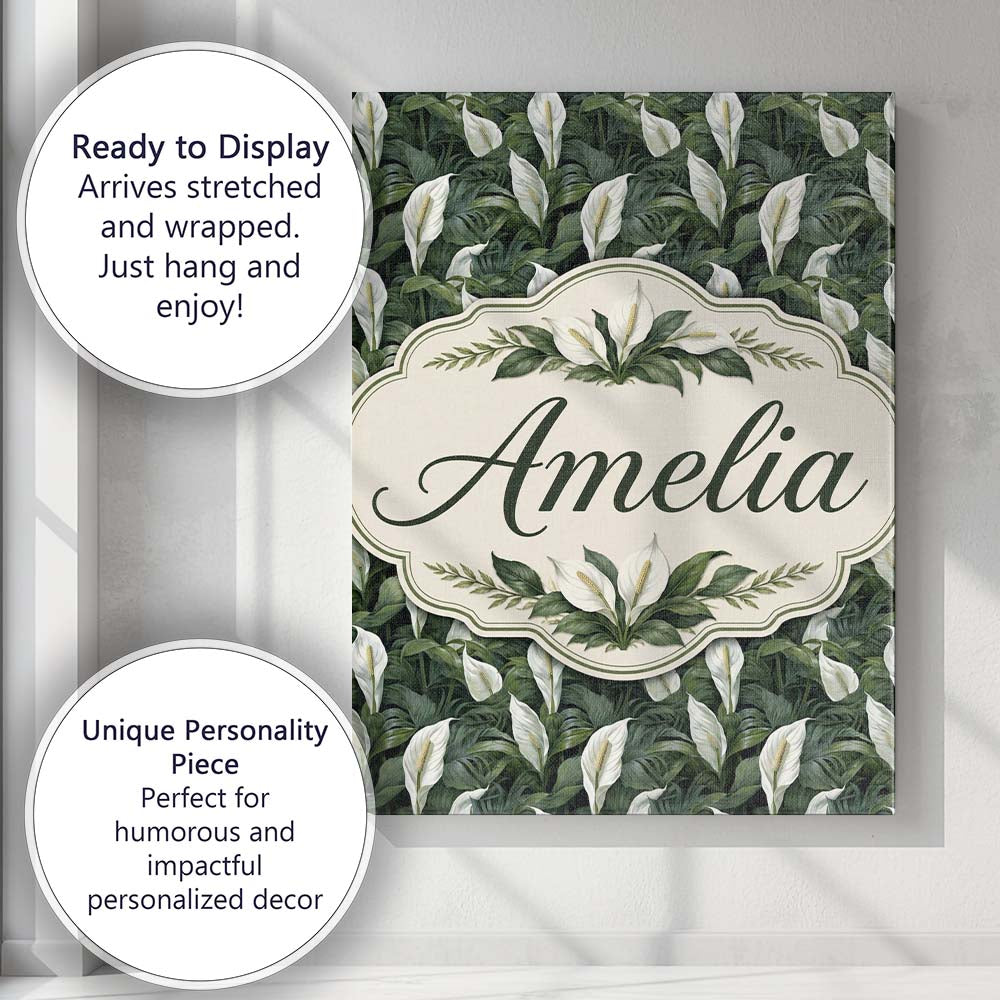 Personalised Name Realistic Peace Lily Custom  Modern Room Accent Elegant Feature Canvas Wall Art Print Decor Picture Ready to Hang