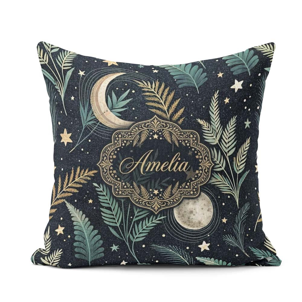 Custom Name Botanical Moon Leaves Stars Night Sky Pattern Lovely Square Filled Cushion Throw Pillow Sofa Bed Home Decor Zip Washable UK Made