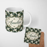 Personalized Custom Name Elegant White Lily Floral Dark Leaves Seamless Pattern Name Cute 11oz Ceramic Coffee Tea Mug White Large Handle
