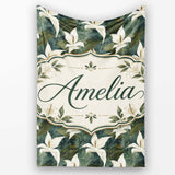 Elegant White Lily Floral Dark Leaves Seamless Pattern Name Cute  Personalised Custom Name Super Soft Fleece Blanket Bed Sofa Throw