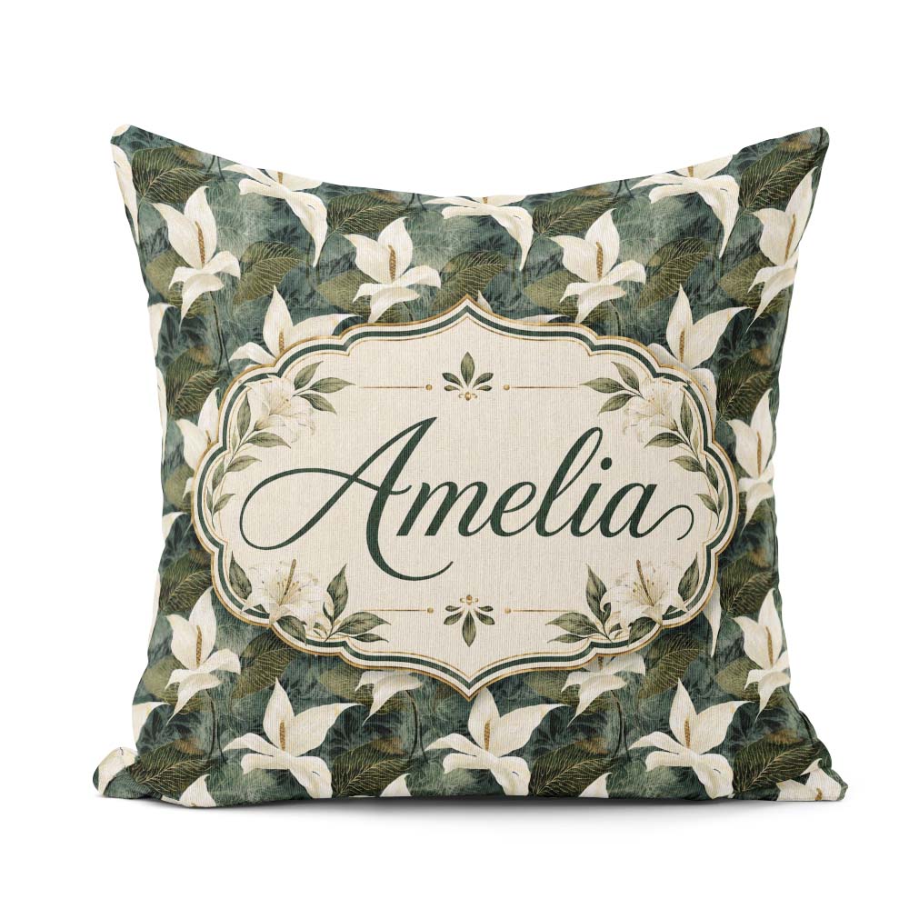 Custom Name Elegant White Lily Floral Dark Seamless Pattern Name Square Filled Cushion Throw Pillow Sofa Bed Home Decor Zip Washable UK Made