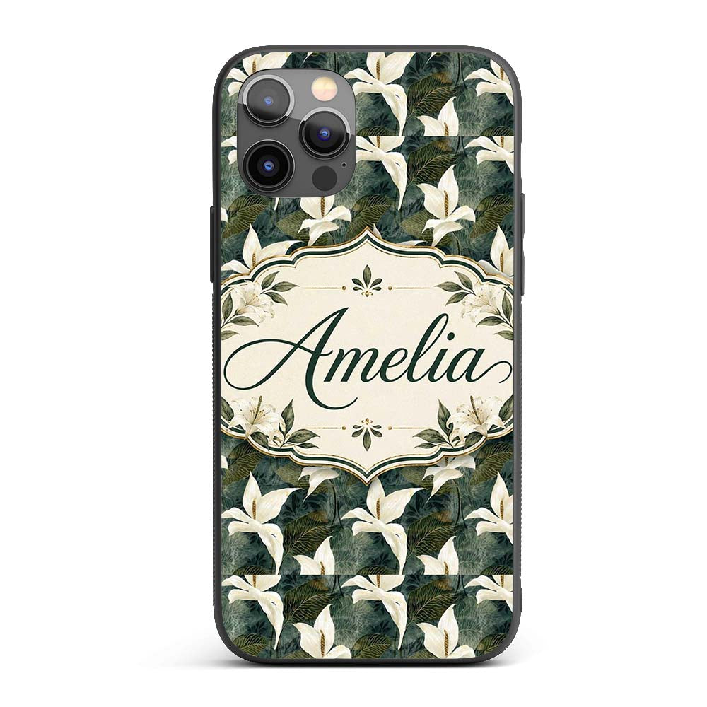 Elegant White Lily Floral Dark Leaves Seamless Custom Name Protective Phone Case Mobile Cover Durable Everyday Smartphone Shock Resistant