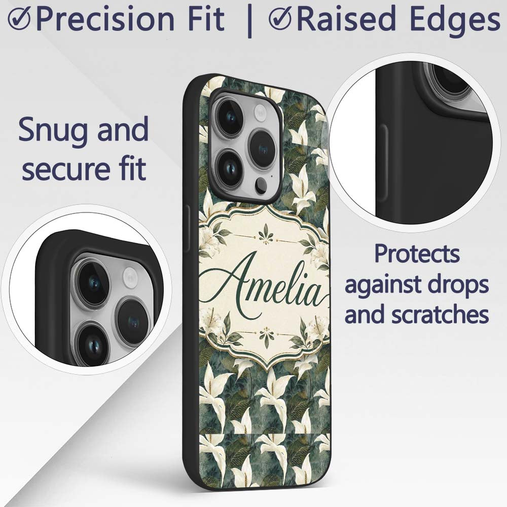Elegant White Lily Floral Dark Leaves Seamless Custom Name Protective Phone Case Mobile Cover Durable Everyday Smartphone Shock Resistant