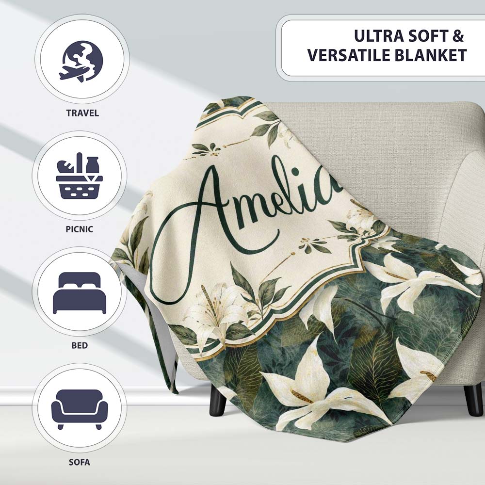Elegant White Lily Floral Dark Leaves Seamless Pattern Name Cute  Personalised Custom Name Super Soft Fleece Blanket Bed Sofa Throw
