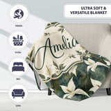 Elegant White Lily Floral Dark Leaves Seamless Pattern Name Cute  Personalised Custom Name Super Soft Fleece Blanket Bed Sofa Throw
