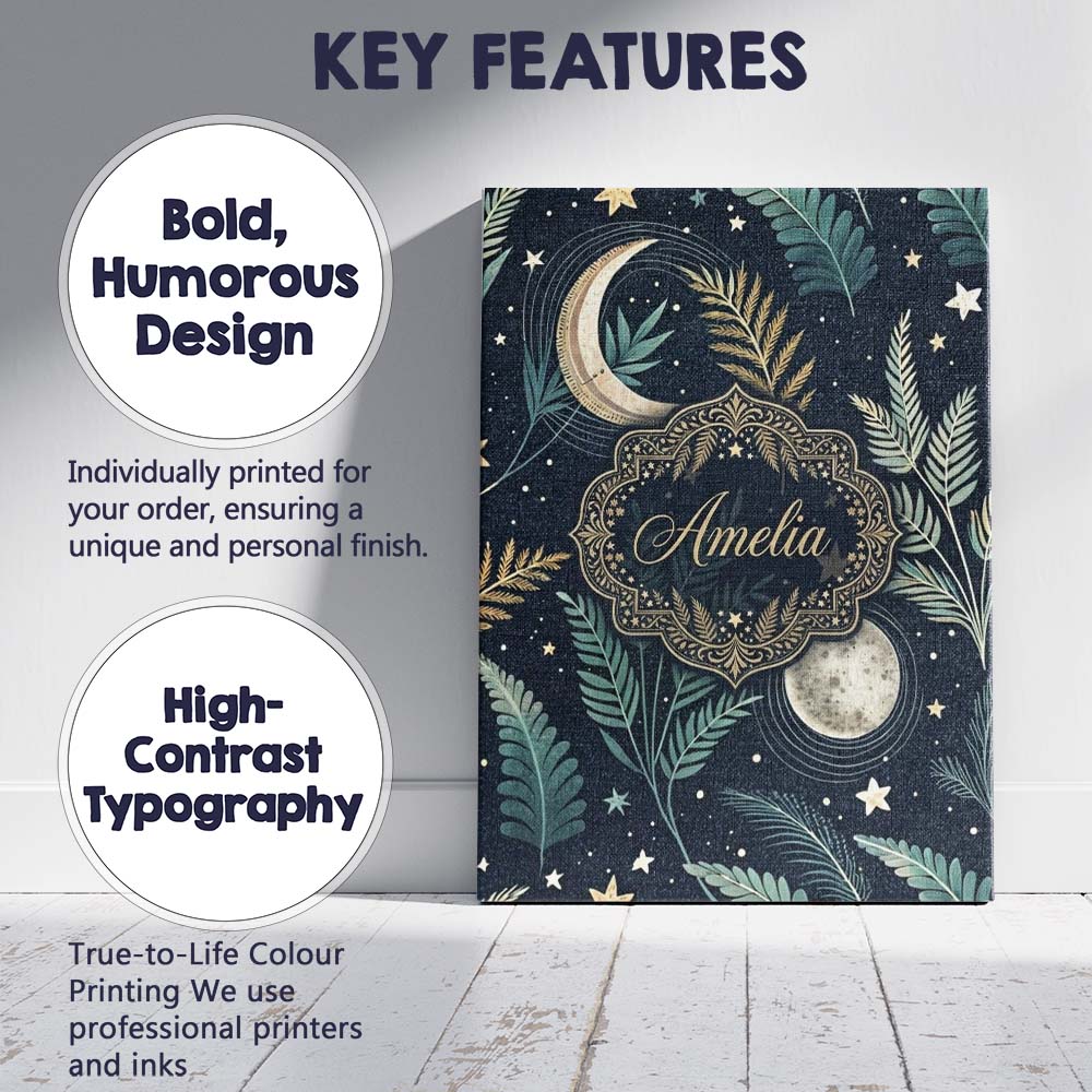 Personalised Name Botanical Moon Leaves Stars Night Sky Seamless Custom  Interior Canvas Wall Art Print Decor Picture Ready to Hang