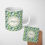 Personalized Custom Name Fresh Green Lily Leaves Botanical Seamless Pattern Name Cute Unique 11oz Ceramic Coffee Tea Mug White Large Handle