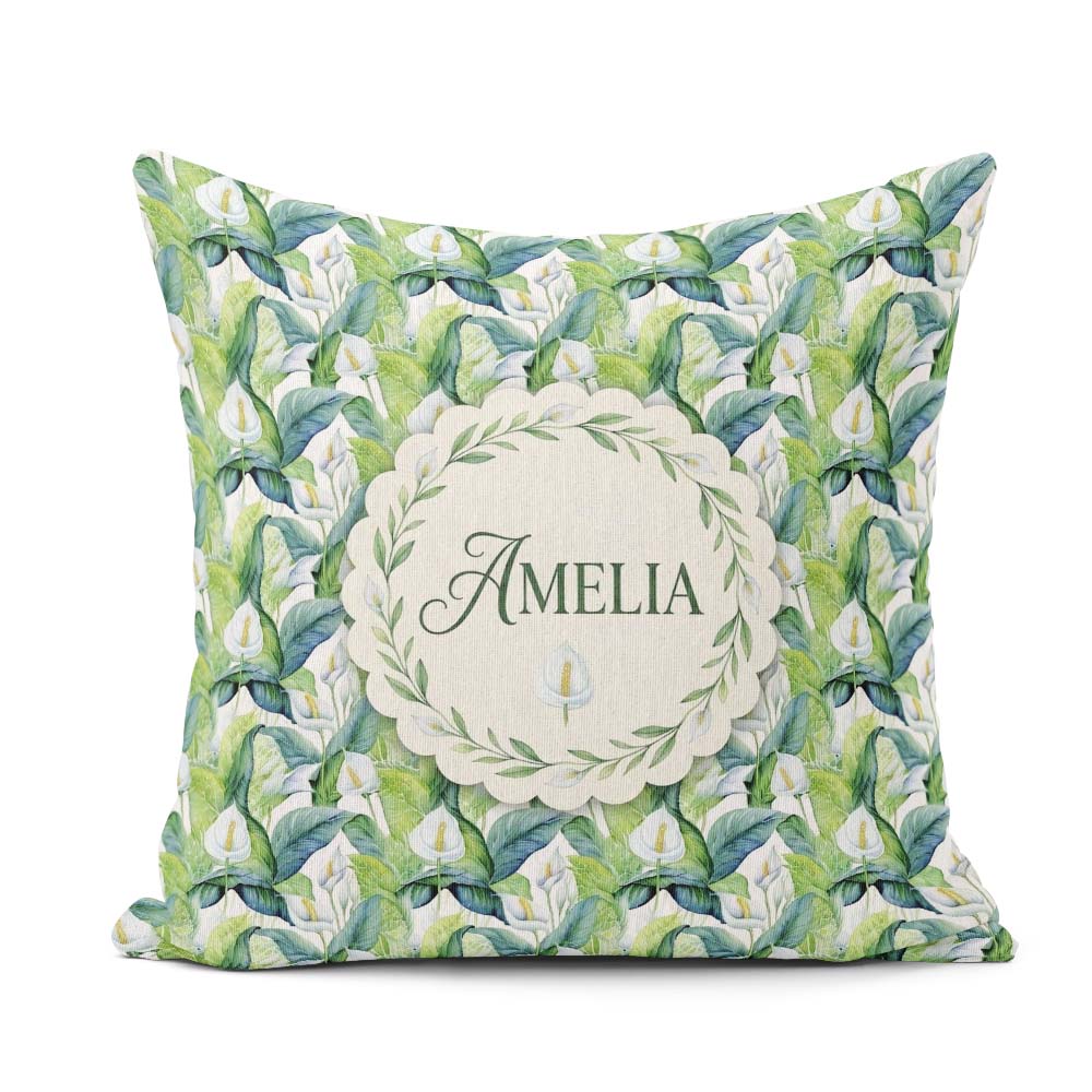 Custom Name Fresh Green Lily Leaves Botanical Seamless Name Cute Square Filled Cushion Throw Pillow Sofa Bed Home Decor Zip Washable UK Made