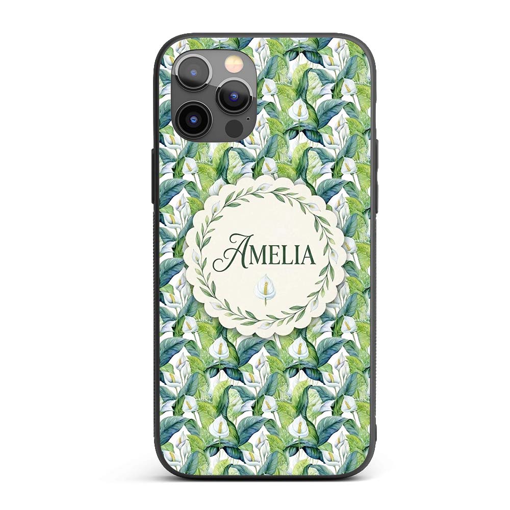Fresh Green Lily Leaves Botanical Printed Design Custom Name Protective Phone Case Mobile Cover Durable Everyday Smartphone Shock Resistant