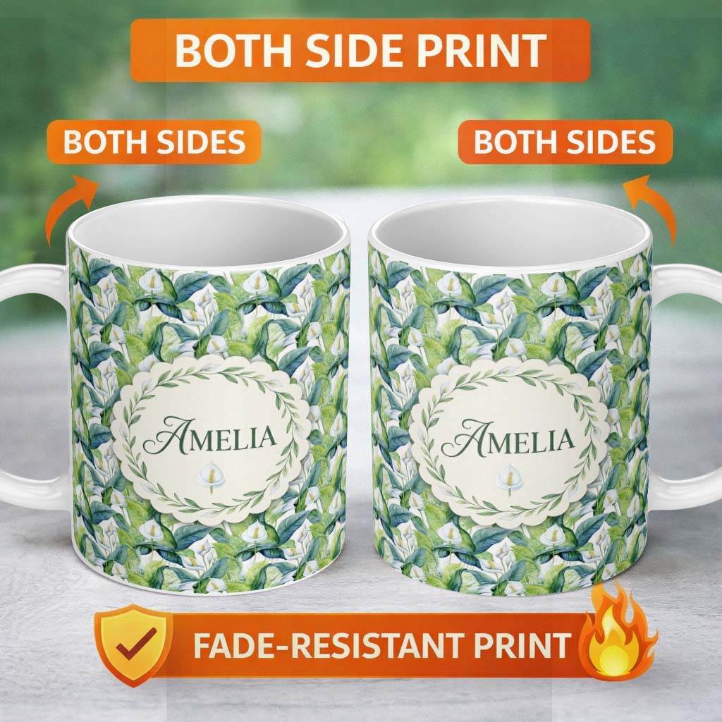 Personalized Custom Name Fresh Green Lily Leaves Botanical Seamless Pattern Name Cute Unique 11oz Ceramic Coffee Tea Mug White Large Handle