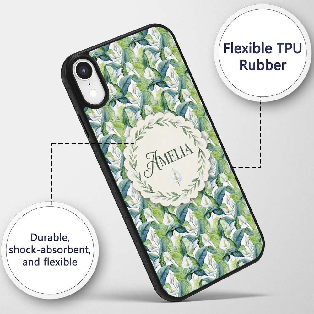 Fresh Green Lily Leaves Botanical Printed Design Custom Name Protective Phone Case Mobile Cover Durable Everyday Smartphone Shock Resistant