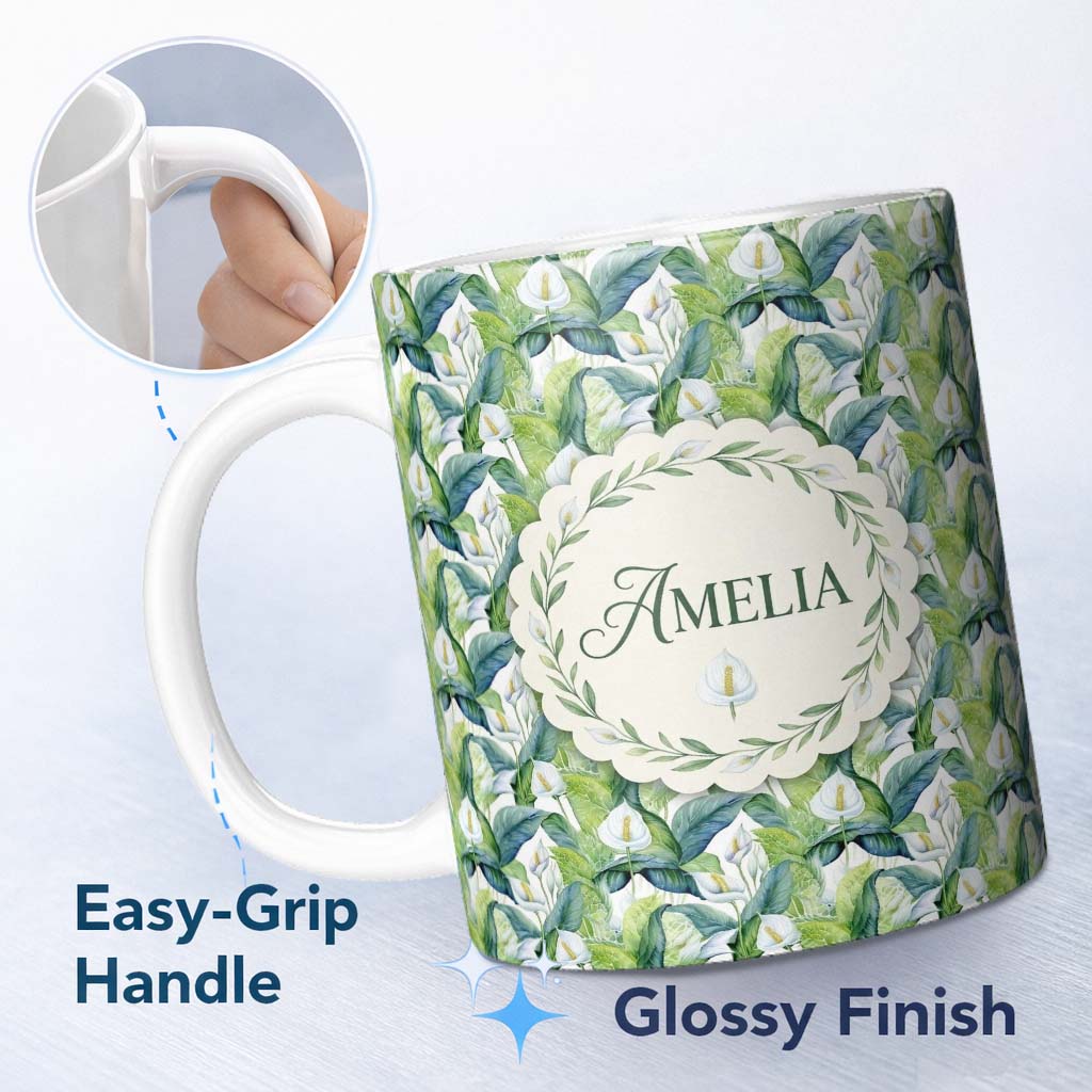 Personalized Custom Name Fresh Green Lily Leaves Botanical Seamless Pattern Name Cute Unique 11oz Ceramic Coffee Tea Mug White Large Handle