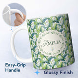 Personalized Custom Name Fresh Green Lily Leaves Botanical Seamless Pattern Name Cute Unique 11oz Ceramic Coffee Tea Mug White Large Handle
