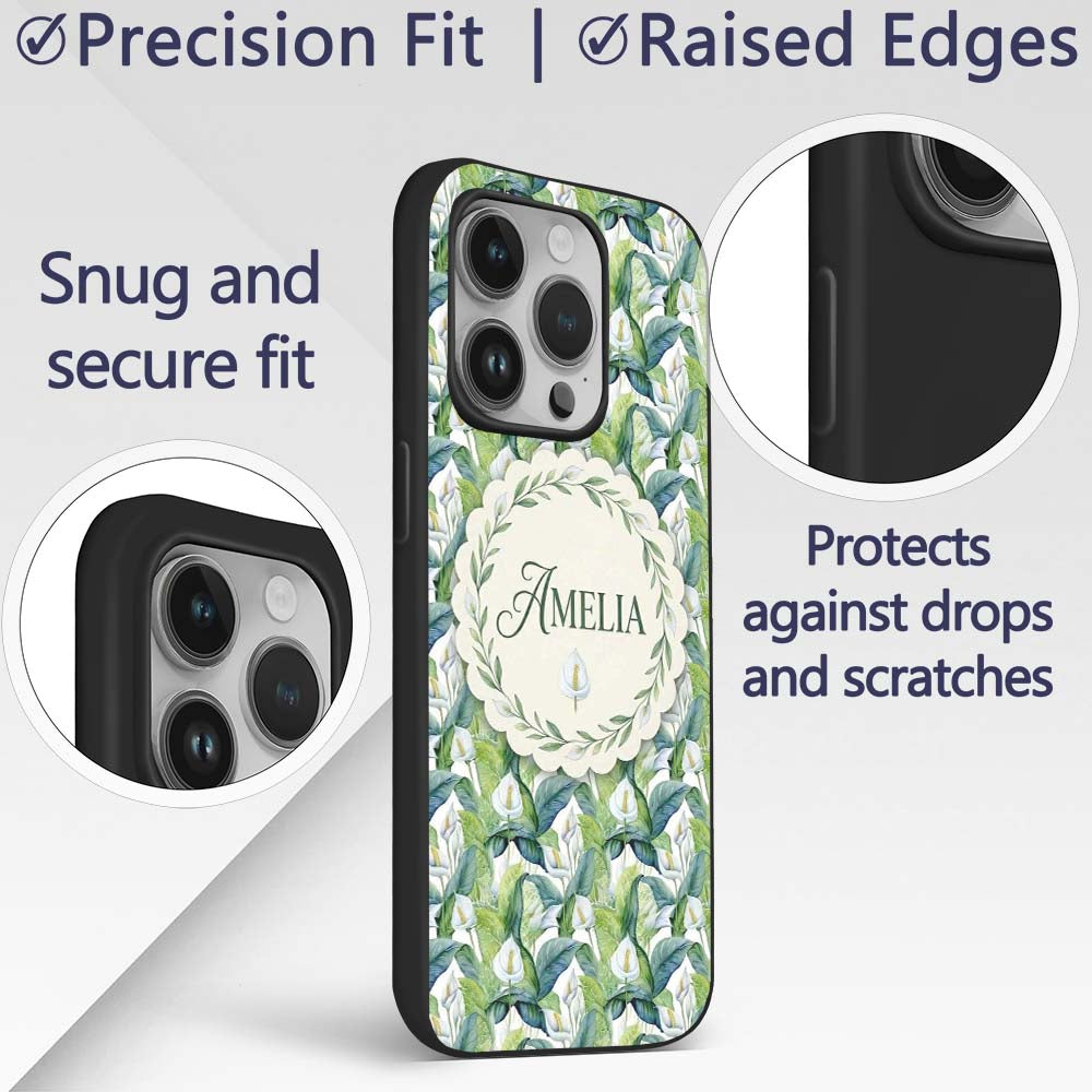 Fresh Green Lily Leaves Botanical Printed Design Custom Name Protective Phone Case Mobile Cover Durable Everyday Smartphone Shock Resistant