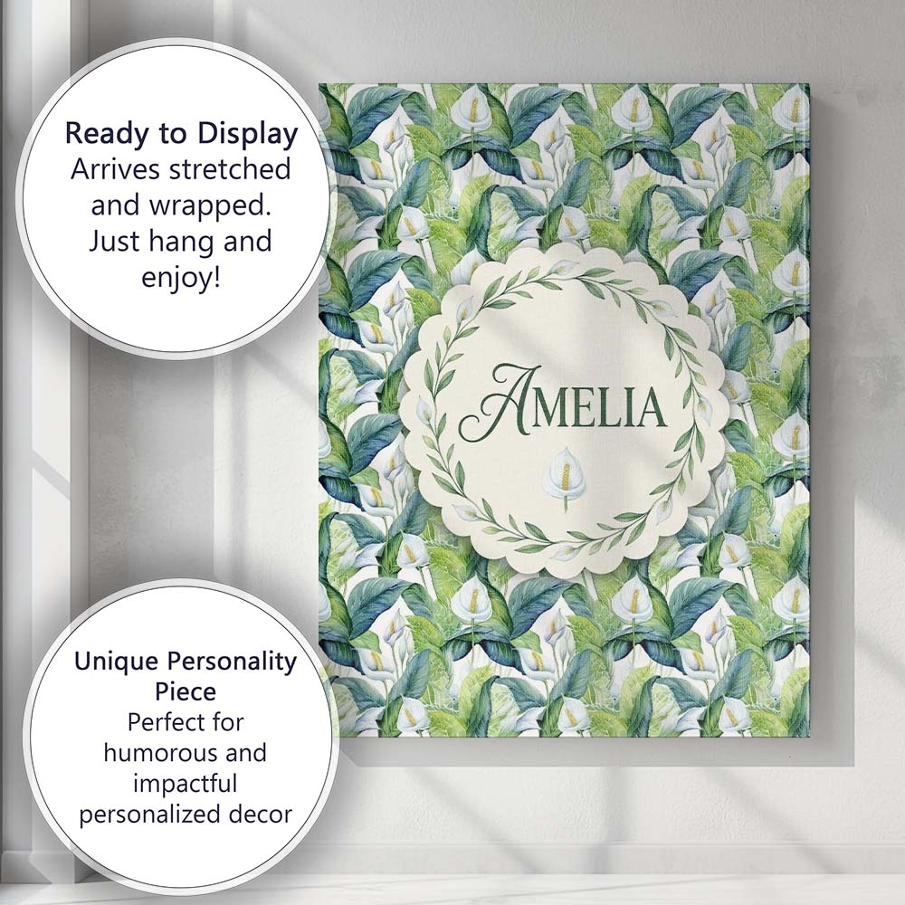 Personalised Name Fresh Green Lily Leaves Custom  Unique Gift Idea Elegant Feature Canvas Wall Art Print Decor Picture Ready to Hang