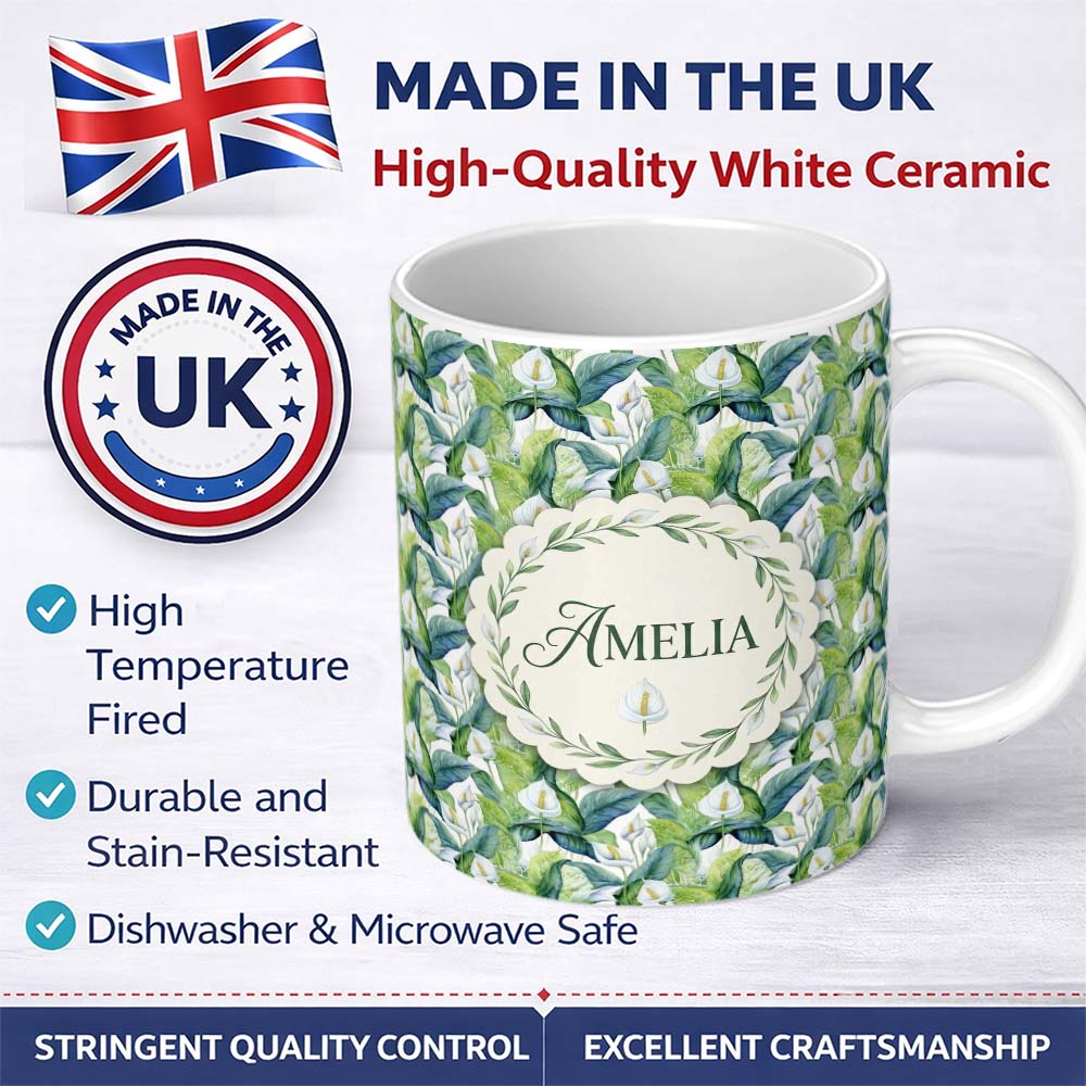 Personalized Custom Name Fresh Green Lily Leaves Botanical Seamless Pattern Name Cute Unique 11oz Ceramic Coffee Tea Mug White Large Handle