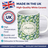 Personalized Custom Name Fresh Green Lily Leaves Botanical Seamless Pattern Name Cute Unique 11oz Ceramic Coffee Tea Mug White Large Handle