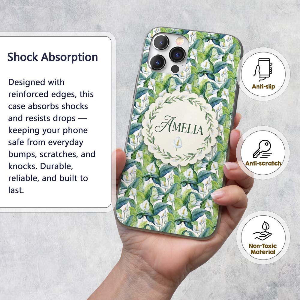 Fresh Green Lily Leaves Botanical Printed Design Custom Name Protective Phone Case Mobile Cover Durable Everyday Smartphone Shock Resistant