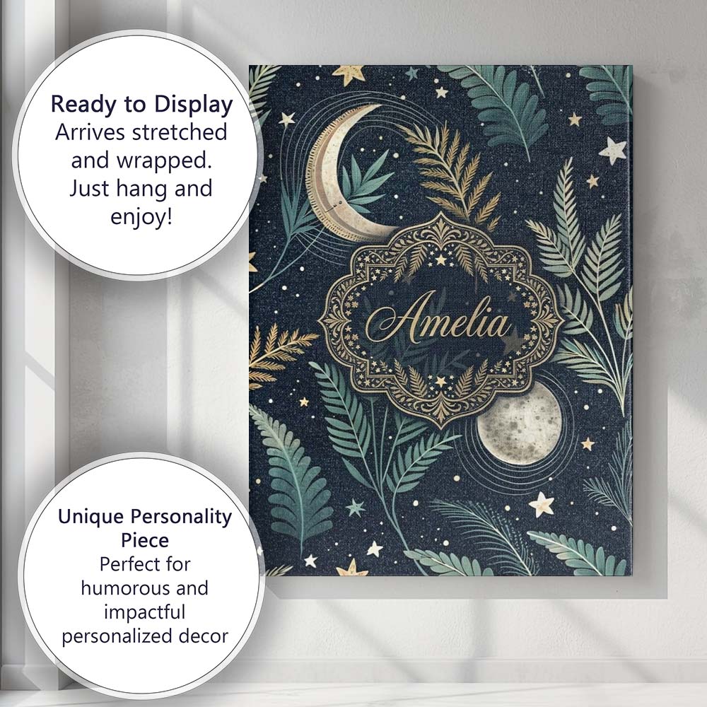 Personalised Name Botanical Moon Leaves Stars Night Sky Seamless Custom  Interior Canvas Wall Art Print Decor Picture Ready to Hang