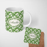 Personalized Custom Name Lush Green Peace Lily Leaves Botanical Seamless Pattern Name Cute 11oz Ceramic Coffee Tea Mug White Large Handle