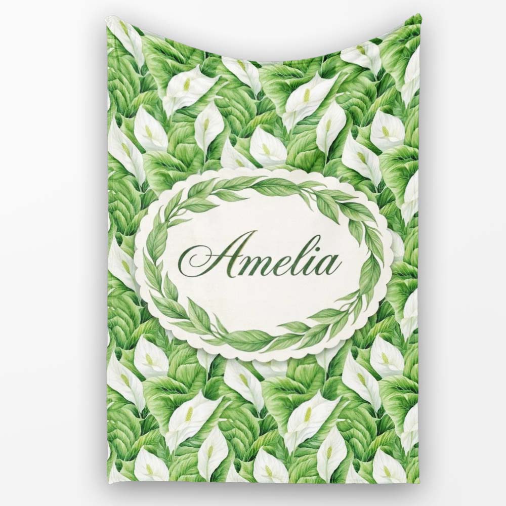 Lush Green Peace Lily Leaves Botanical Seamless Pattern Name Cute  Personalised Custom Name Super Soft Fleece Blanket Bed Sofa Throw