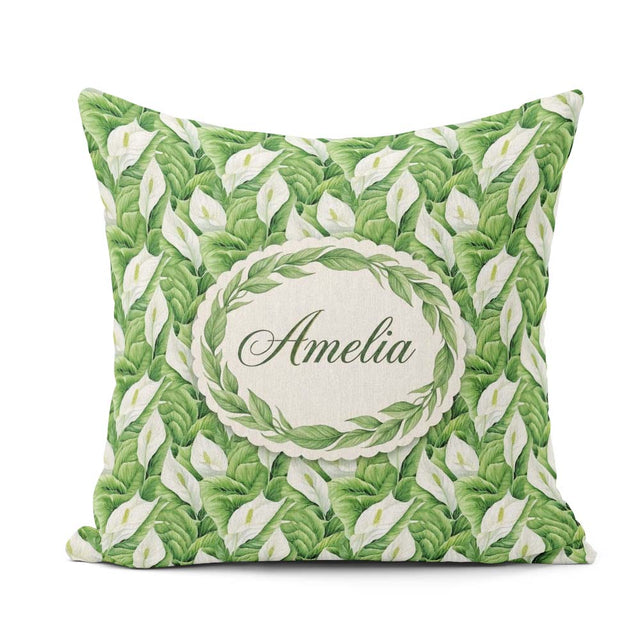 Custom Name Lush Green Peace Lily Leaves Botanical Seamless Name Square Filled Cushion Throw Pillow Sofa Bed Home Decor Zip Washable UK Made