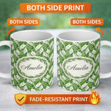 Personalized Custom Name Lush Green Peace Lily Leaves Botanical Seamless Pattern Name Cute 11oz Ceramic Coffee Tea Mug White Large Handle