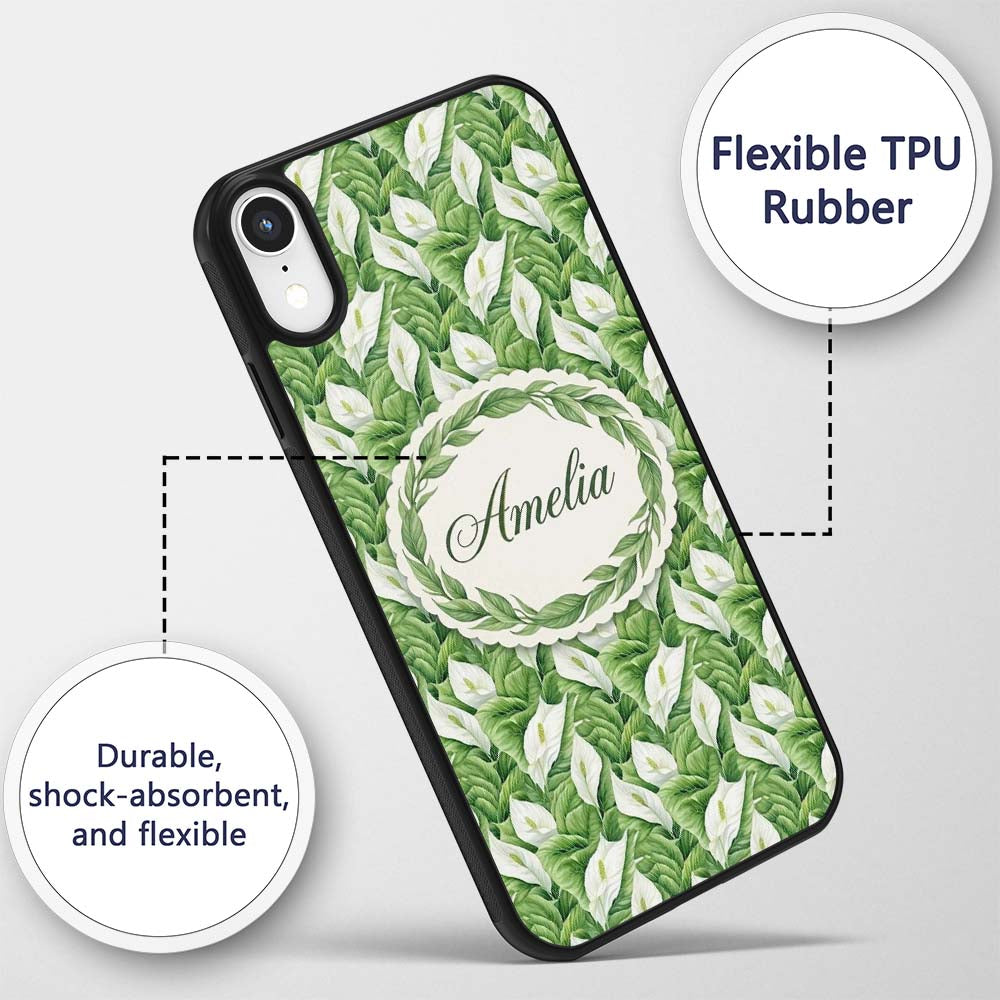 Lush Green Peace Lily Leaves Botanical Seamless Custom Name Protective Phone Case Mobile Cover Durable Everyday Smartphone Shock Resistant